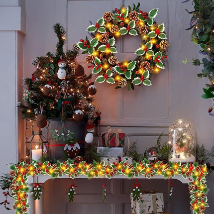 9.8FT Prelit Christmas Decorations Garland with Lights,Christmas Garlands with Pine Red Berry, 8 Modes Christmas Garland for Indoor Outdoor Mantle Stairs Railing Xmas Party Decor