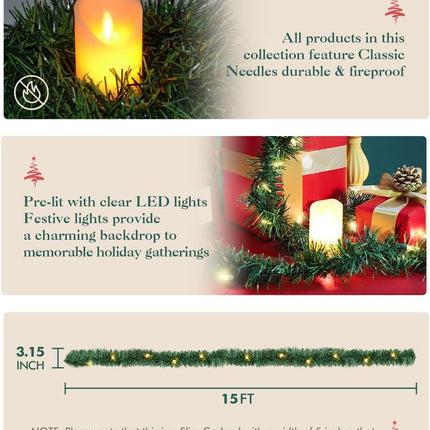 2-Pack 15FT Christmas Garland Prelit - Slim Lighted Garland with Lights, Artificial Holiday Decor for Mantle Stairs Wall Door, Indoor Outdoor 3" Thin Garlands