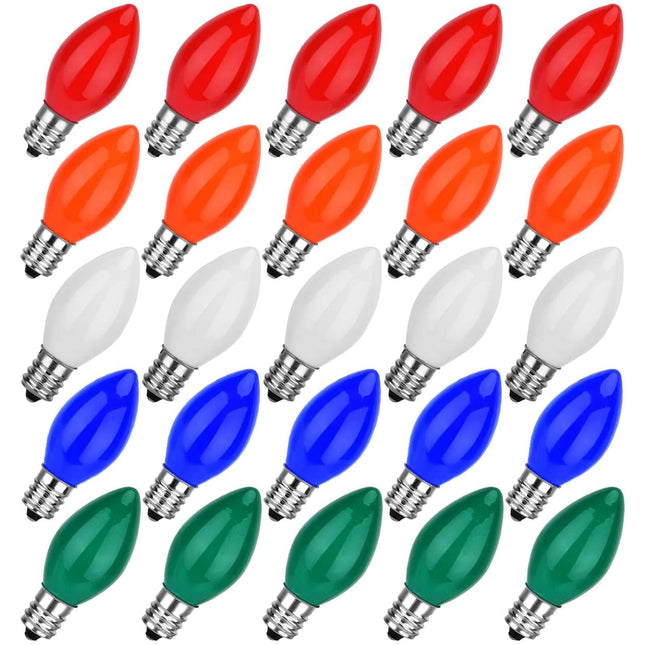 Christmas Lights Bulbs Multicolor, 25 Pack C7 Multicolor Replancement Bulbs, C7 Vintage Ceramic String Light Replacement Bulbs, E12 Candelabra Base, 5 Watt