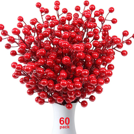60 Pack Artificial Red Holly Berries, 8.2 Inch Christmas Berry Picks Red Berry Stems for Christmas Tree Decorations DIY Crafts Xmas Wreath Wedding Holiday Season Home Decor