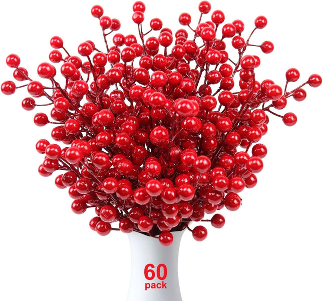 60 Pack Artificial Red Holly Berries, 8.2 Inch Christmas Berry Picks Red Berry Stems for Christmas Tree Decorations DIY Crafts Xmas Wreath Wedding Holiday Season Home Decor