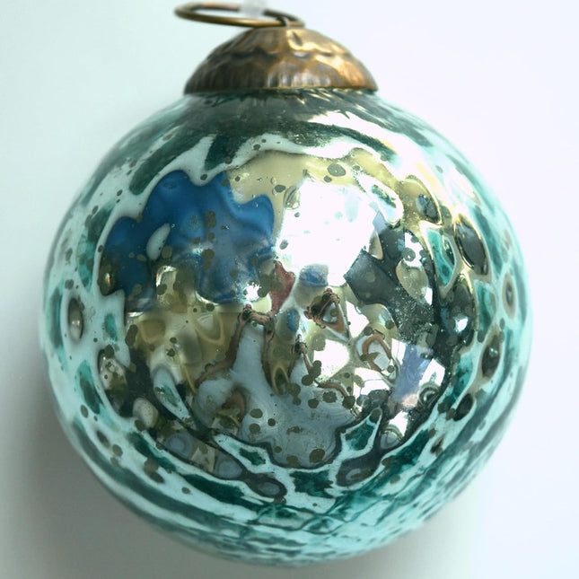 Set of 4 Crystal Blue Mercury Glass Ornaments (3.15" Antique Embossed Ball) - Perfect for Christmas Tree, Hanging Holiday Decoration, s & Home Decor