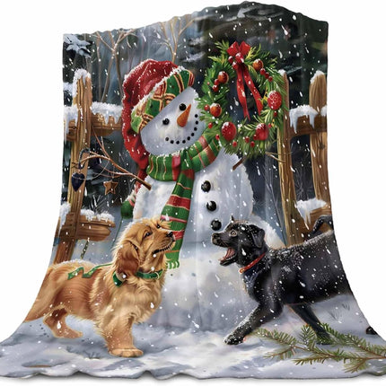 Christmas Snowman Blanket Super Soft Flannel Fleece Cute Dogs Snowflake Throw Blanket Lightweight Cozy Warm Fuzzy Plush Xmas Wreath Red Green White Microfiber Blankets for Couch Bed Sofa 40x50inch