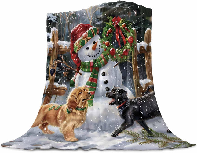 Christmas Snowman Blanket Super Soft Flannel Fleece Cute Dogs Snowflake Throw Blanket Lightweight Cozy Warm Fuzzy Plush Xmas Wreath Red Green White Microfiber Blankets for Couch Bed Sofa 40x50inch