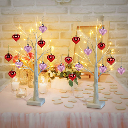 Valentines Day Decorations 24 Inch Lighted Birch Tree with 10pcs Red Pink Heart Hanging Ornaments, Battery Powered Valentine Tree with 24 LED Lights for Home Indoor Party Wedding Decor (2 Pack)