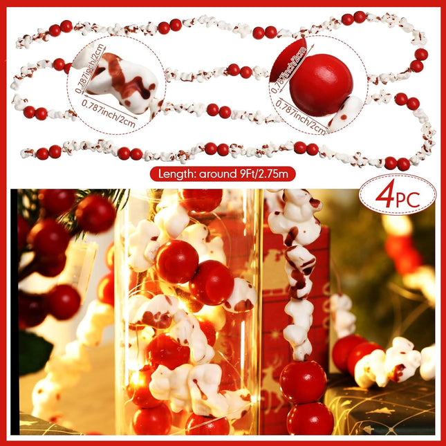 Hoteam 4 Pieces 9 ft Artificial Popcorn and Cranberry Garland Strand Realistic Vintage Pop Corn and Rustic Wood Beaded Cranberry Strand Old Retro Christmas Tree Garland String for Christmas Holiday