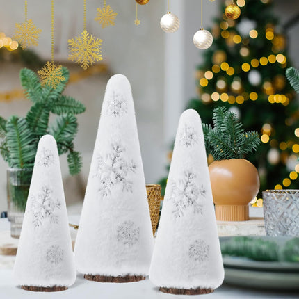 Zubebe Set of 3 Plush Christmas Tree Figurine, Tabletop Farmhouse Rustic Tree Figurine Christmas Boho Plush Tree Centerpieces with Snowflakes for Christmas Entryway Decor, Winter Home Decor(White)
