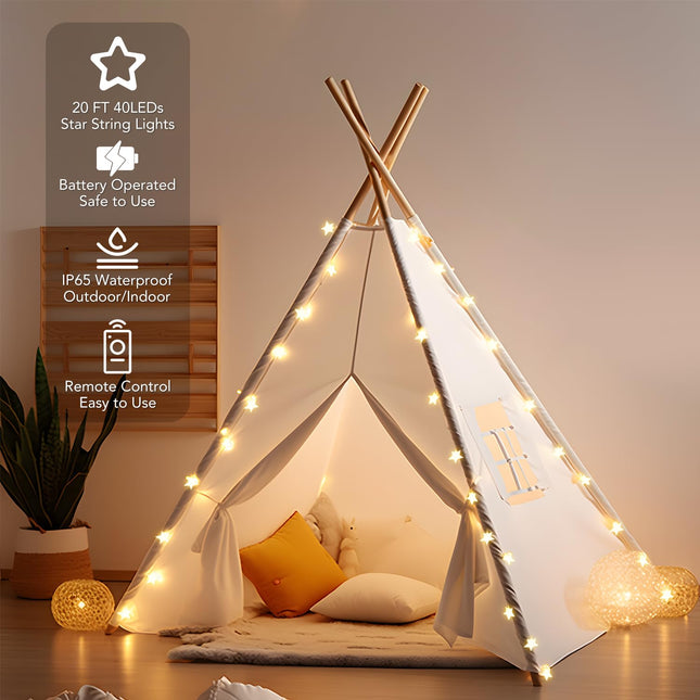 Star String Lights Battery Operated Waterproof 40 LED 20 FT Star Fairy String Lights with Remote Control for Home, Party, Christmas, Wedding, Garden Decoration, Warm White