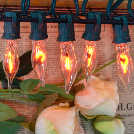 12.8Ft Christmas Decorations Flickering Flame String Lights with 12 Pack Clear C7 Flame E12 Light Bulbs(2 Spare), Great for Christmas Decorations Indoor Outdoor Home Patio Party Lights, Green Wire