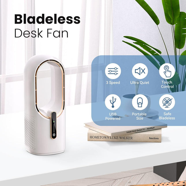 Desk Fan Bladeless, 11.8 Inch Office Fan Small, Quiet, 3 Speed Adjustment, Touch Control, Easy To Clean, Desk Fans Small Quiet