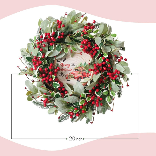 Tempus Artificial Christmas Red Berry Wreath, 20 Inch, Holiday Wreath with Wooden Panel, for Front Door, Outdoor, Indoor, Farmhouse Holiday Party, Winter Decorations