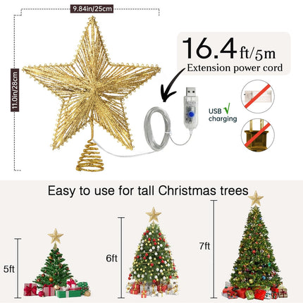 Christmas Star Tree Topper, Christmas Tree Topper with 50 Warm White LED Lights, Tradition Tree Topper Star for Home Holiday Xmas Tree Christmas Decor, Glitter Gold