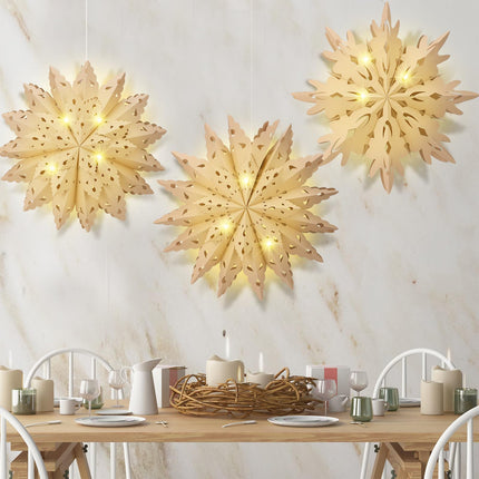 Riakrum 3 Pcs 26 Inch Christmas Snowflake Star Paper Lantern with 3 LED Light Paper Hanging Lamp Party Supplies Hanging Decoration for Xmas Year Winter Weddings Birthday Holiday Party Decoration