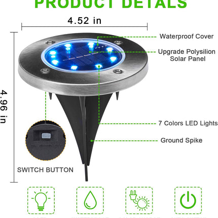 Uniqus Solar Ground Lights, 8 Pack, Waterproof Outdoor Lights For Garden Yard Patio Pathway Driveway Deck, Multicolor Solar Disk