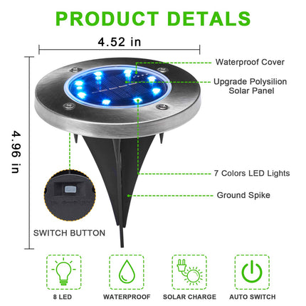 K.E.J. Solar Ground Lights, 8 Pack, Waterproof Outdoor Lights for Garden Yard Patio Pathway Driveway Deck, Multicolor Solar Disk Lights
