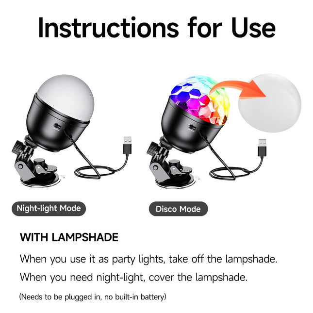 Mini Disco Ball with RGB and White Light for Party and Home, Sound Activated Light with Remote Control, Suction Base and Lampshade, 16-Color Stage DJ Light for Birthday Halloween Christmas Decorations