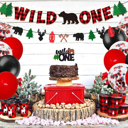 Wild 1st One Birthday Decorations Pack - Buffalo Plaid Christmas Winter Bear Woodland Camping Hunting Lumberjack-Themed Baby Shower Bday Party Supplies Includes Glitter Cake Topper Banner and Balloons