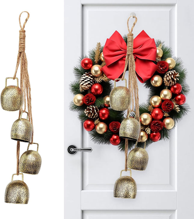 Christmas Bells Decoration, Gold Brass Hanging Bells with Jute Rope Cow Bells Christmas Decoration, Handmade Vintage Cow Bells Ideal for Christmas Tree, Wreath, Party, Holiday Decorations