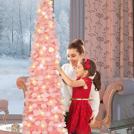 HMASYO 5 FT Pop Up Christmas Tree with Timer Lights, Pink Tinsel Christmas Tree, Collapsible Artificial Pencil Christmas Tree for Indoor Home Apartment Porch Holiday Party Decorations