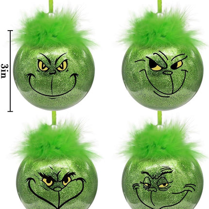 Large Christmas Decorations Indoor: 12 Pack Cute Green Elf Christmas Tree Ornaments with Fuzzy Hair, Glitter Hanging Thief Monster Xmas Balls for Tree Fireplace, Kids Home School Office Party Décor
