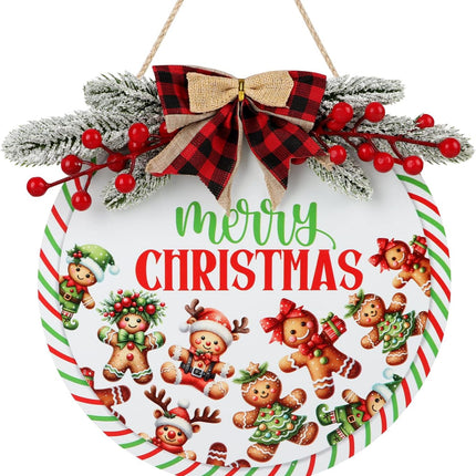 TOARTi Merry Christmas Sign for Front Door Decor Merry Christmas Wooden Door Sign for Xmas Christmas Gingerbread Sign Wooden Wreath Wall Hanging with Plaid Bow Red Berry