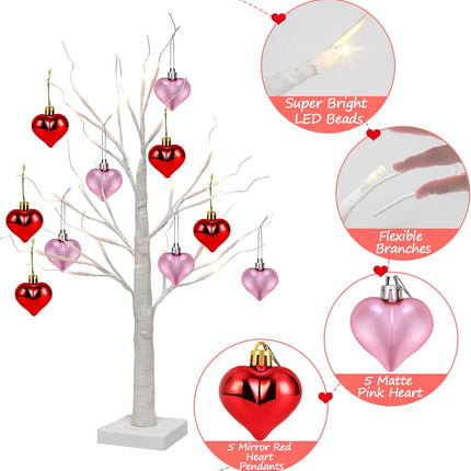 Valentines Day Decorations 24 Inch Lighted Birch Tree with 10pcs Red Pink Heart Hanging Ornaments, Battery Powered Valentine Tree with 24 LED Lights for Home Indoor Party Wedding Decor (2 Pack)