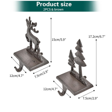 Sungmor Christmas Stocking Holders, 2PC Cast Iron Mantel Hooks Home Decor Holiday s, Heavy-Duty Anti-Slip Fireplace Hangers, Christmas Tree Reindeer Pattern Hooks for Xmas Shelf Topper Decoration