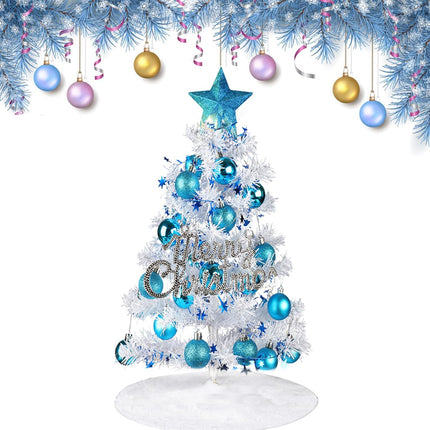 60CM Mini Christmas Tree,Artificial Christmas Tree with Hanging Ornaments,Christmas Tree Skirt,Christmas Ball Desktop Xmas Tree for Home, Kitchen, Dining Table DIY Christmas Decorations (White)