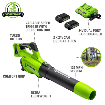 Greenworks 48V (2 x 24V) Cordless Axial Blower (515 CFM / 125 MPH), (2) 2.0Ah Batteries and Dual Port Charger with 24V Chainsaw