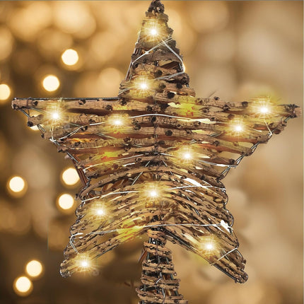 Christmas Tree Toppers,12-Inch Rustic Rattan Christmas Star 20 LED Lighted Party Indoor Decor for Christmas Tree
