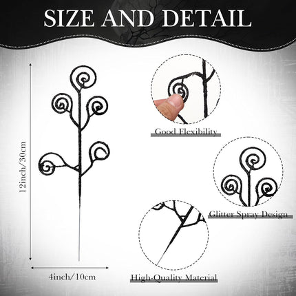 Ysleen 50 Pcs Glitter Christmas Tree Picks and Sprays Twigs Artificial Curly Stem Picks Ornaments 12 Inch Branches Sticks for Xmas Wreath Vase Fillers Decoration(Black)