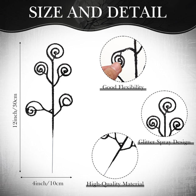 Ysleen 50 Pcs Glitter Christmas Tree Picks and Sprays Twigs Artificial Curly Stem Picks Ornaments 12 Inch Branches Sticks for Xmas Wreath Vase Fillers Decoration(Black)