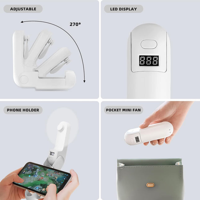 Mini Handheld Fan, Portable Fan 3 In 1 2000Mah, Battery Operated Fan With Led Display As Phone Holder, Hand Fan Usb Rechargeable