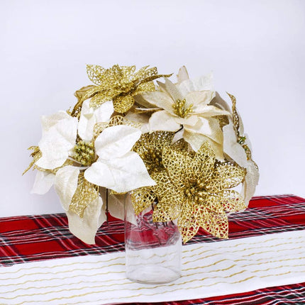 Supla 24 Pack Christmas Gold Glitter Poinsettia Flowers Picks Christmas Tree Ornaments 5.9" Wide for Gold Christmas Tree Wreaths Garland Holiday Seasonal Wedding Decorations White Box Included