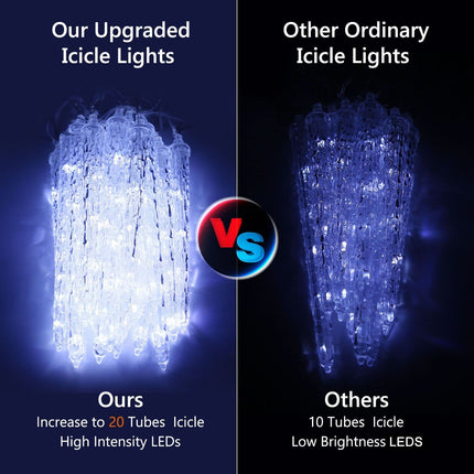 Joomer White Christmas Icicle Lights, 13FT 20 Tubes 90 LED 8 Modes Icicle Lights with Timer Function, Waterproof Connectable Ice String Lights for Holiday Home Patio Trees Christmas Decoration