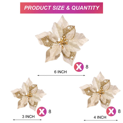 Boao 24 Pieces Christmas Artificial Glitter Poinsettia Flowers Xmas Flowers Wedding Christmas Tree Year Ornaments(Gold)