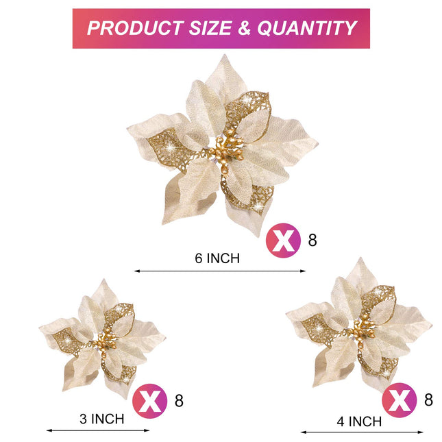 Boao 24 Pieces Christmas Artificial Glitter Poinsettia Flowers Xmas Flowers Wedding Christmas Tree Year Ornaments(Gold)