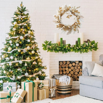 20" Gold Christmas Wreaths for Front Door, Gold Berry Leaves Bells Balls Xmas Wreath with White Fake Pampas Grass, Door Reef for Windows Fireplaces Walls, Front Porch Indoor and Outdoor
