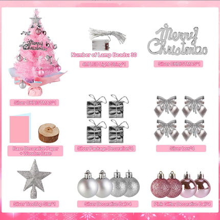 Pink Tabletop Christmas Tree with Lights, 24inch/2ft Mini Pink Christmas Tree, Pink Tabletop Christmas Tree with Star Treetop, Bow Boxes and Ball Ornaments for DIY Christmas Decoration