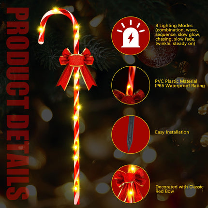 VIHOSE 12 Pcs 30" Solar Christmas Candy Cane Lights Pathway Walkway Markers Light with Red Bow Waterproof Garden String Light Decoration with 120 LED Light Xmas Patio Yard Lawn Driveway