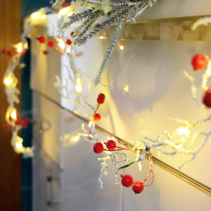 Snow Branch String Lights with Red Berry Garland Christmas 6.5FT & 25LED White Christmas Garland with Lights Battery Operated - Christmas Garland for Mantle Twig Garland for Christmas Tree Decorations