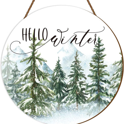 Whaline Christmas Hello Winter Wooden Hanging Sign Christmas Pine Trees Welcome Door Sign Xmas Winter Holiday Farmhouse Rustic Wreath Sign for Indoor Outdoor Home Wall Window Decor