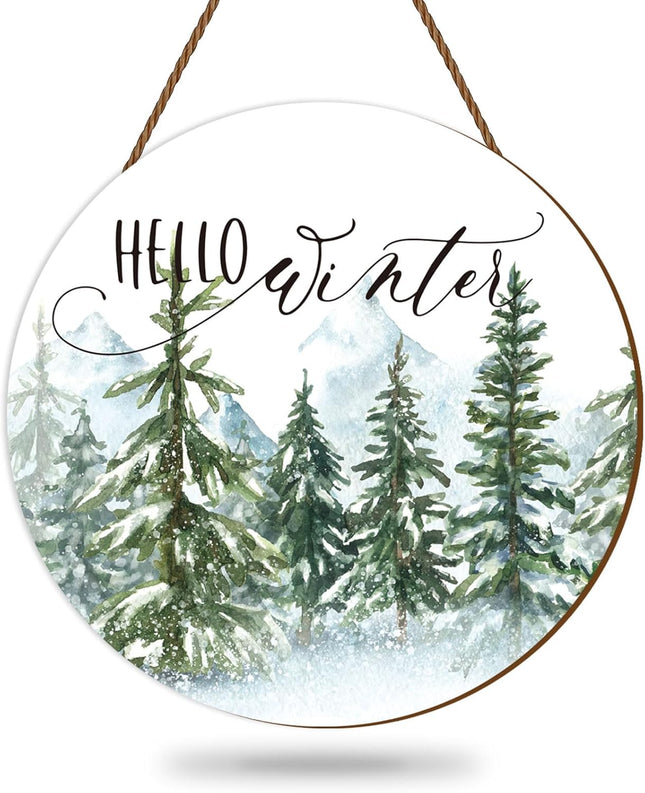 Whaline Christmas Hello Winter Wooden Hanging Sign Christmas Pine Trees Welcome Door Sign Xmas Winter Holiday Farmhouse Rustic Wreath Sign for Indoor Outdoor Home Wall Window Decor