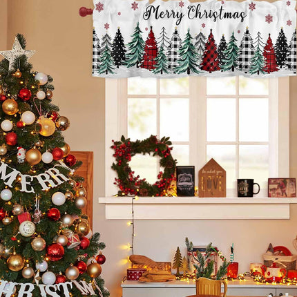 Christmas Curtain Valances for Windows, Buffalo Plaid Christmas Tree Snowflake Rod Pocket Valance Window Treatments Winter Xmas Short Curtains for Kitchen Bathroom Living Room 42 x 18 Inches, 1 Panel