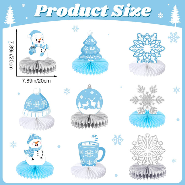 9 Pcs Winter Table Honeycomb Centerpieces Snowflake Honeycomb Party Decorations Winter Party Centerpieces for Winter Theme Christmas Birthday Baby Shower Party Supplies (Blue)