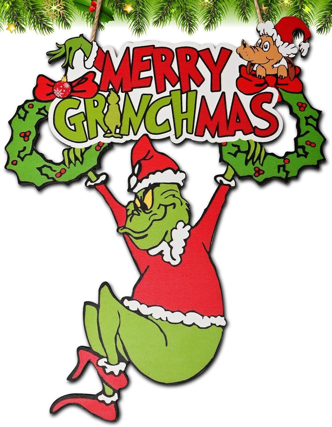 Christmas Wooden Door Hanging Sign – Merry Christmas Holiday Tree Ornaments, Festive Party Decor for Indoor & Outdoor Use, Front Door and Wall Decorations