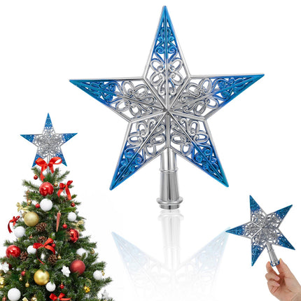 8 Inches Christmas Tree Star Topper Xmas Tree Star Topper Hollowed-Out Christmas Glitter Star Ornaments for Christmas Tree Decoration Home Decor, Silvery Blue