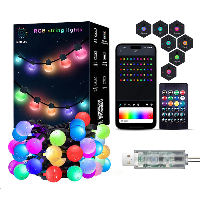Patio Lights Outdoor Waterproof, Rope Lights for Outside Christmas Decorations, Smart Programmable String Lights with APP/Remote Control, RGBAI Color Changing, USB Camping String Lights 33Ft/50Bulbs
