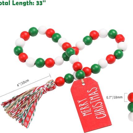 Christmas Wood Bead Garland with Tassels, Rustic Farmhouse Tiered Tray Holiday Decorations, Red and White Wooden Bead with Jute Rope Plaid Tassel, Country Xmas Home Decor (Xmas Red & Green & White)