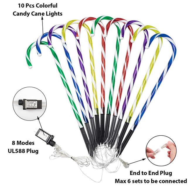 Candy Cane Outdoor Christmas Lights - 10 Pack 60 LEDs 21in Lighted Landscape Path Lights String with Memory Function 8 Flashing Modes End-to-End Plug in Waterproof Outside Xmas Decorations - Colorful